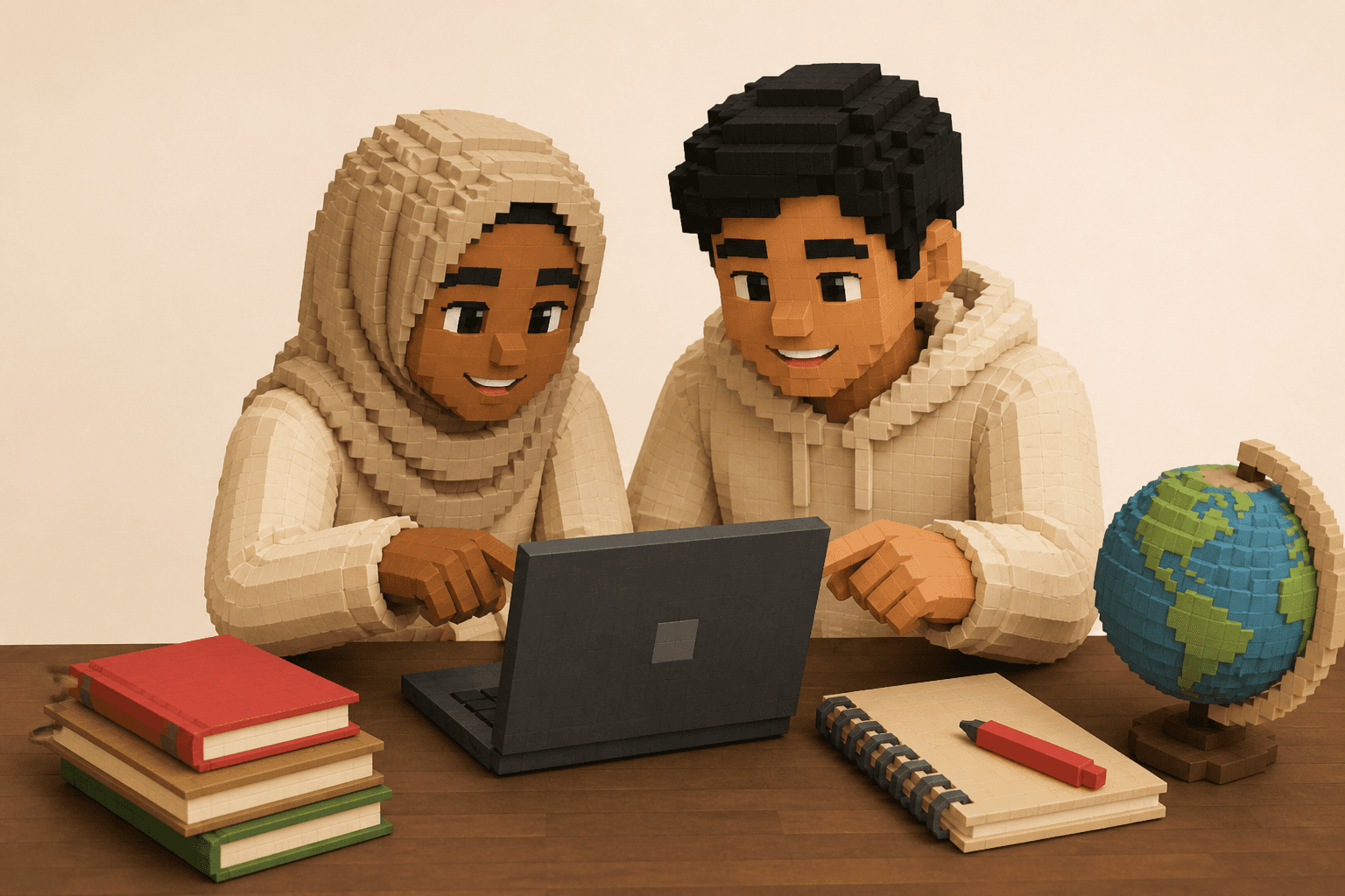 Peers collaborating on a shared laptop