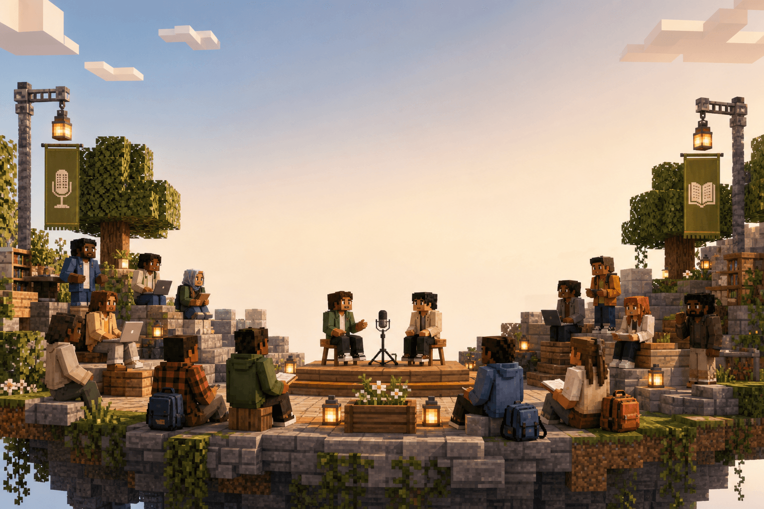 Minecraft-style scene of international students gathered for a podcast conversation